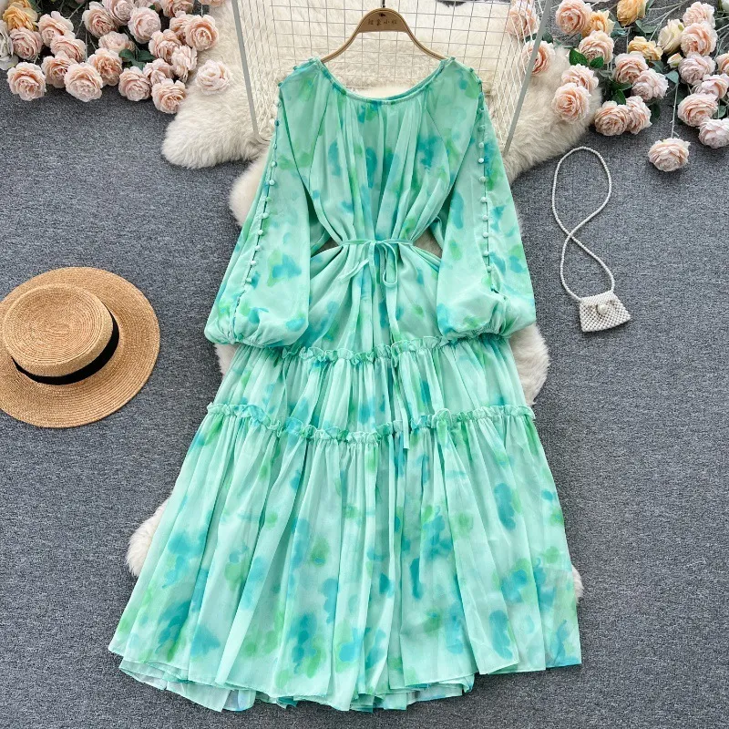 X732 femmes taille haute  fleuri en mousseline de soie robe à manches longues décontracté vacances Style taille unique